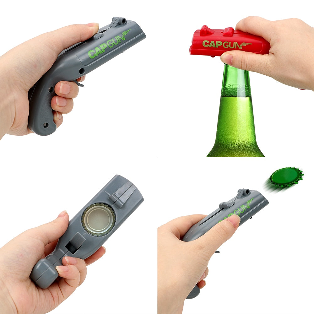 CAP GUN Creative Drink Opening Shooter Can Openers Spring Cap Catapult Launcher Gun Shape Beer Bottle Opener Bar Tool