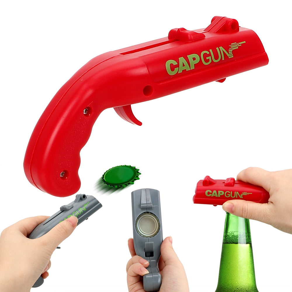 CAP GUN Creative Drink Opening Shooter Can Openers Spring Cap Catapult Launcher Gun Shape Beer Bottle Opener Bar Tool